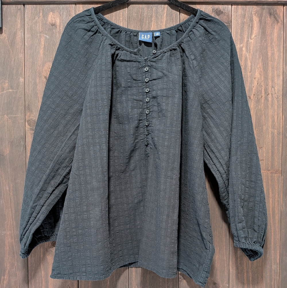 GAP Black Cotton Gauze Peasant Blouse Balloon Sleeve Size L